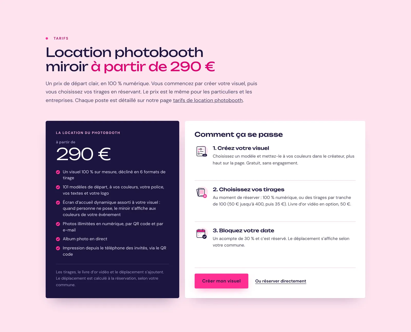 Bloc tarifs Camézia : location photobooth miroir à partir de 290 €