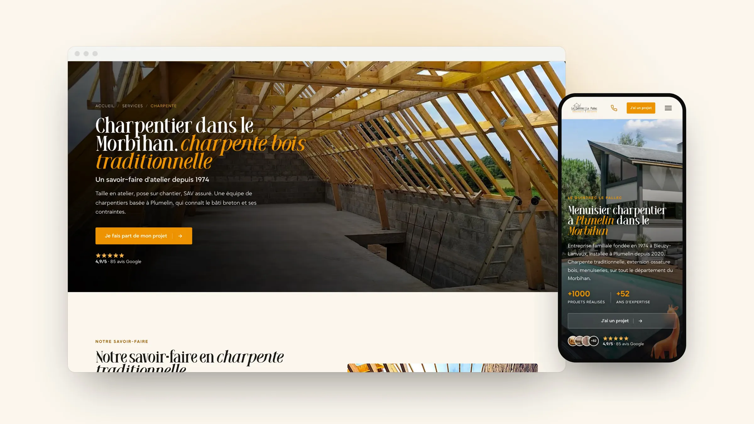 Page charpente sur ordinateur et accueil sur mobile du site Le Quintrec Le Pallec