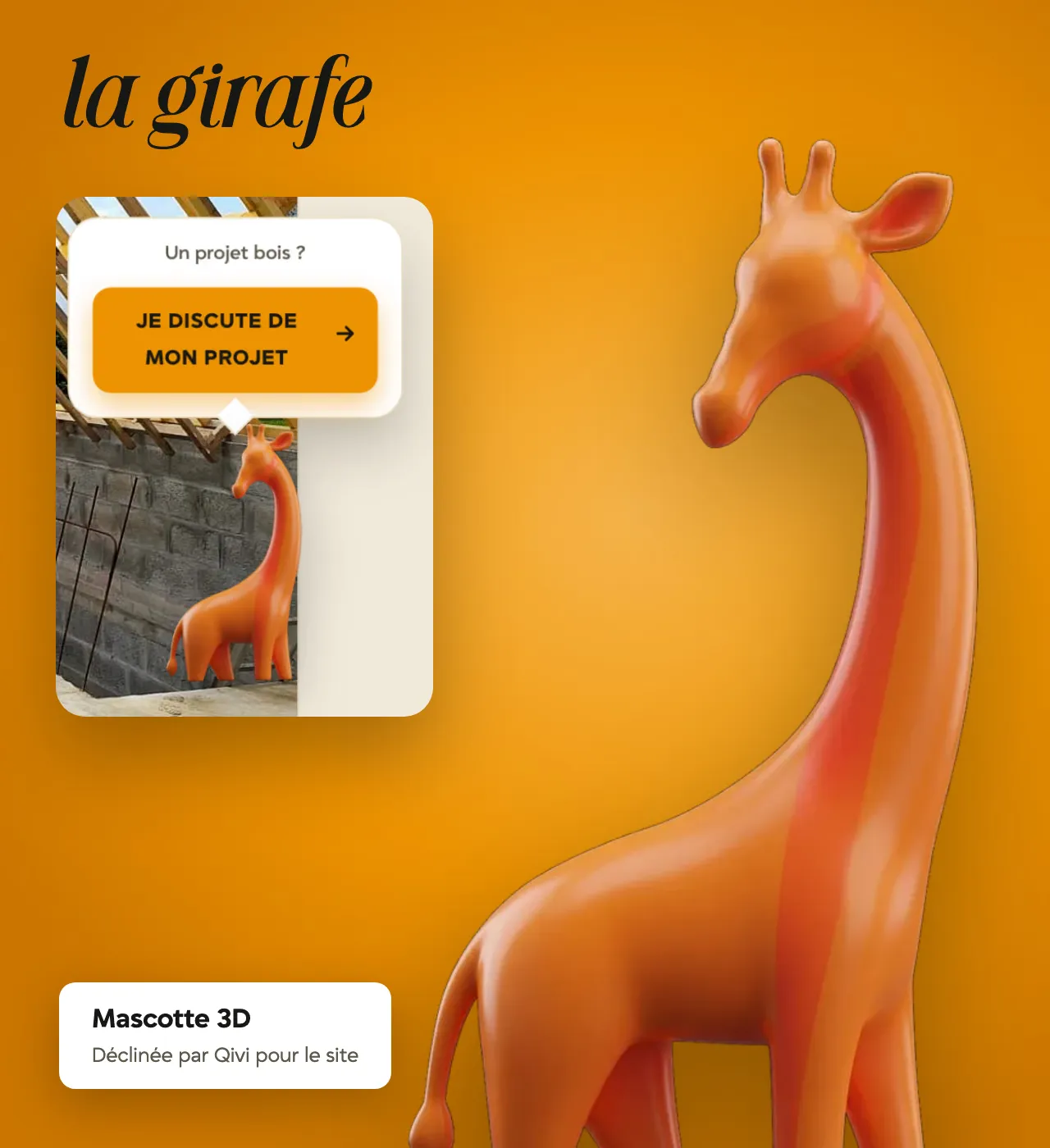 Mascotte girafe 3D déclinée par Qivi et son bouton « Je discute de mon projet »