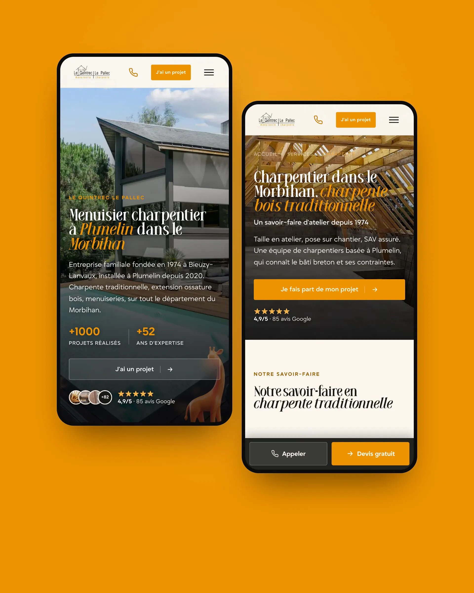 Pages accueil et charpente du site Le Quintrec Le Pallec sur mobile