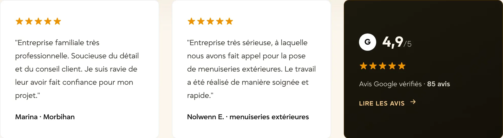 Avis Google clients 4,9/5 sur 85 avis
