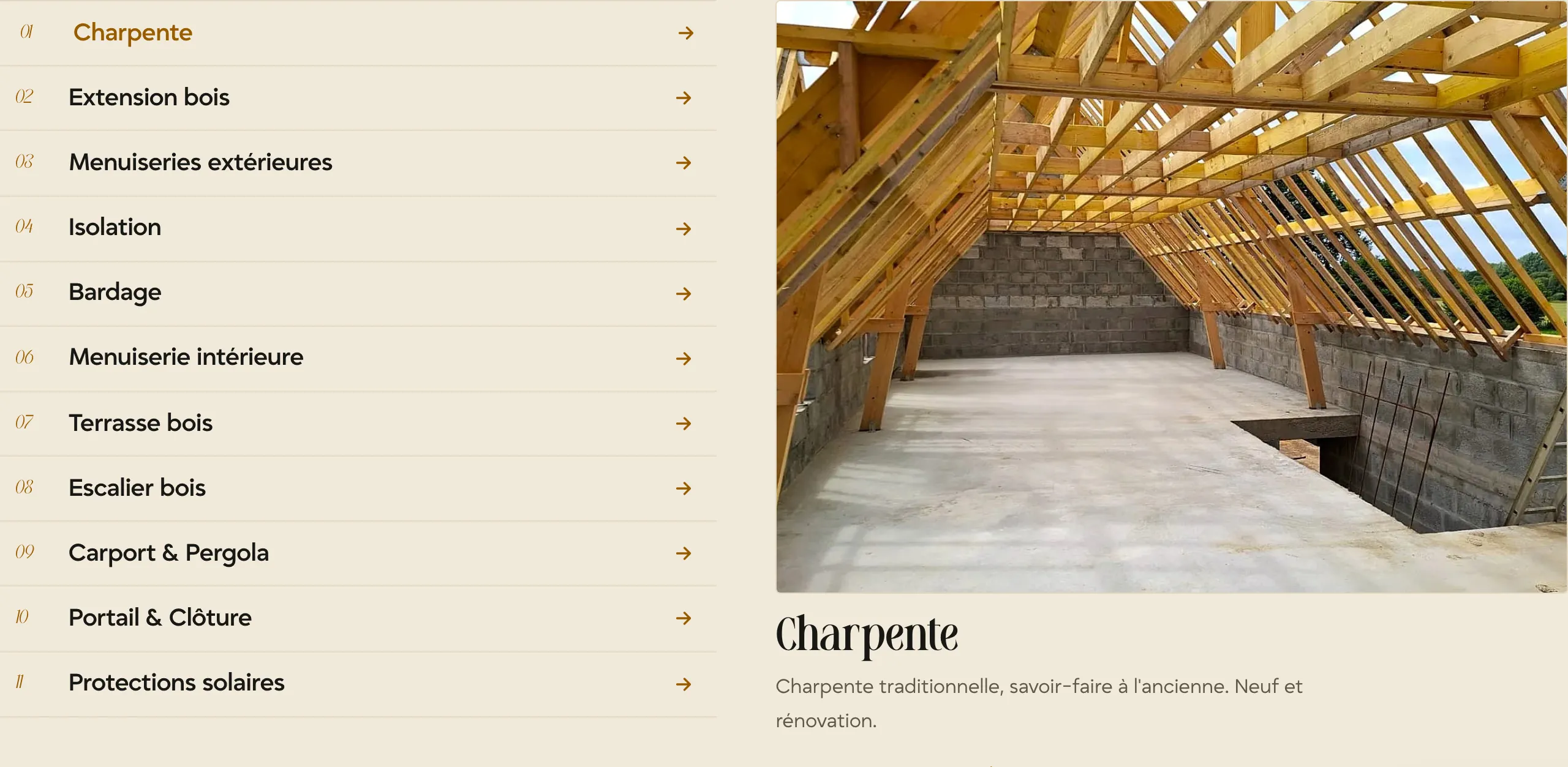 Explorateur des 11 métiers du bois avec aperçu photo de la charpente